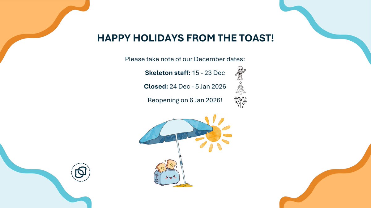 TwistToast's tweet photo. We're taking a break! Happy Holidays from Twisted Toast Digital ☀️🏖️ 

We’ll be back on 6 Jan 2026 to kick off the new year refreshed, recharged &amp; ready to toast new ideas.
Wishing you a great festive season filled with sunshine, good times &amp; a well-deserved break.

 #GoodTimes https://t.co/Qgh6shjYqR