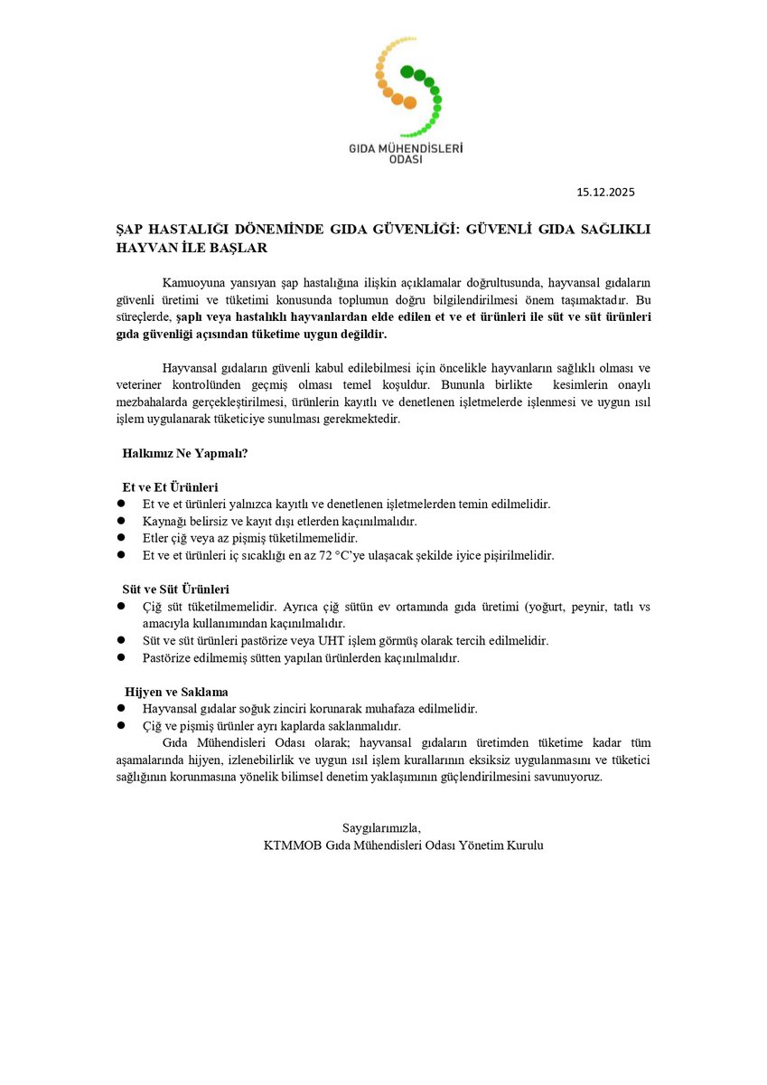 KTMMOB’ye bağlı Gıda Mühendisleri Odası’nın şap hastalığı konusundaki basın bildirisi paylaşılmıştır. facebook.com/photo?fbid=137…