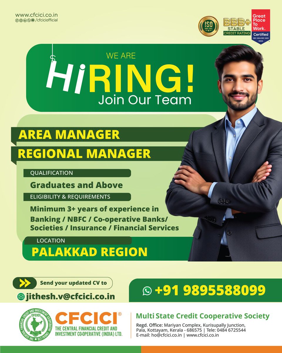 CFCICI is expanding its leadership team.
We are inviting applications for Area Manager &amp; Regional Manager – Palakkad Region.

📩 Send your updated CV to jithesh.v@cfcici.co.in

📞 WhatsApp: +91 98955 88099