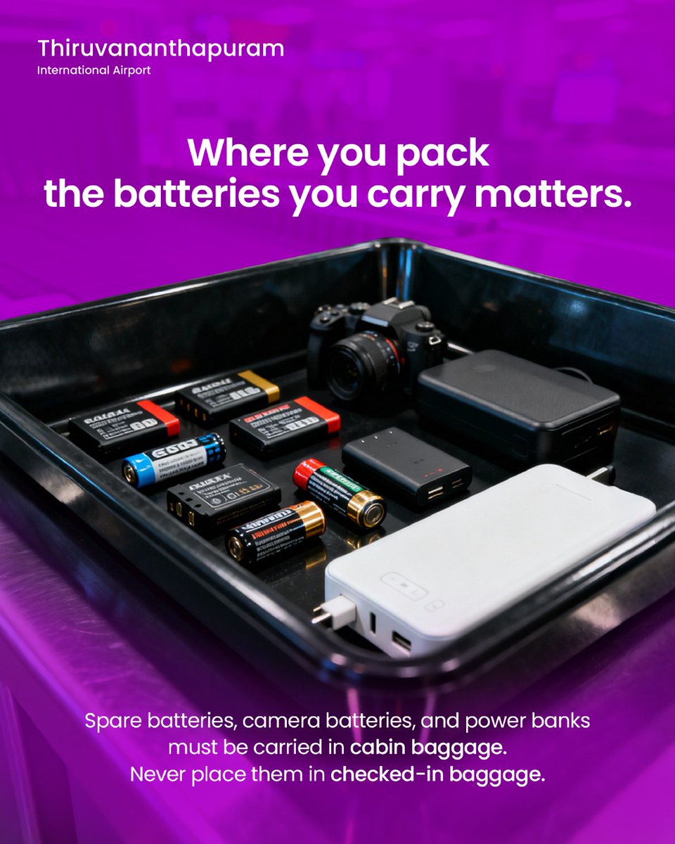TRV_Airport_Off's tweet photo. Lithium batteries need careful handling.
Always carry spare batteries, camera batteries, and power banks in your cabin baggage, never in checked-in baggage.
#TRV #Thiruvananthapuram #KnowBeforeYouPack https://t.co/Ls1qcZM2oi