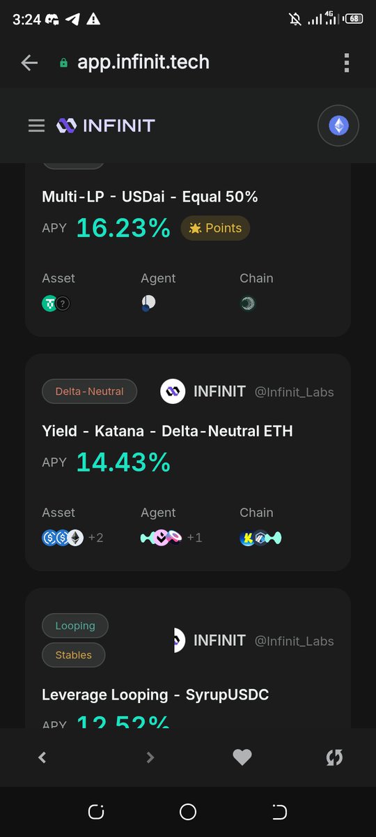 INFINIT Lab can also be use to carry out Airdrop tasks.

Hyperliquid Airdrop strategy is available on <a href="/Infinit_Labs/">INFINIT</a> App.

Make use of INFINIT to chase yield on several chains through an automated way.

Katana Yield strategy is also available on INFINIT.

Stay with $IN without
