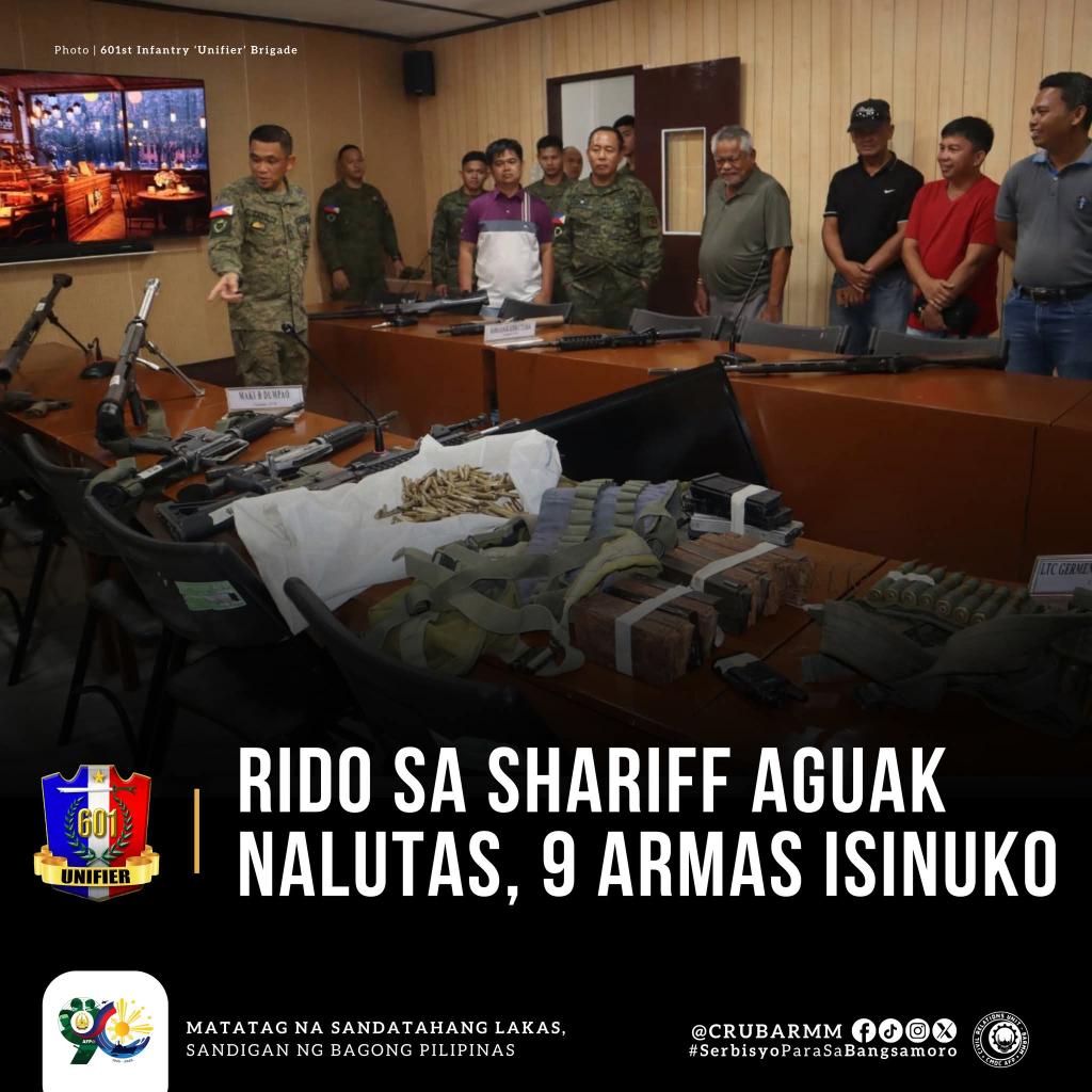 Rido sa Shariff Aguak Nalutas, 9 Armas Isinuko

#PeaceForBangsamoro #AFPfortheBangsamoro #SundaloSalamatsaSerbisyo ✌️ 🇵🇭

Follow us on our social media accounts: 
Instagram: instagram.com/crgbarmm 
TikTok: tiktok.com/crgbarmm 
Facebook: facebook.com/crubarmm