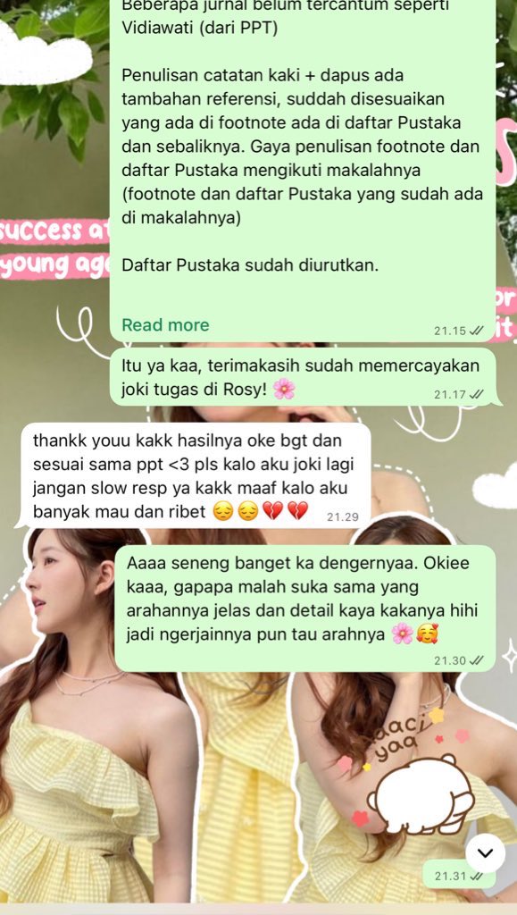 ୨୧ Haii!! Rosy siap bantu kamu kerjain tugas 

🌸no plagiasi
🌸no AI
🌸free cek Turnitin💻 

chat ke wa aja adik adik!! 💬 garansi revisi 24 jam 🫶🏻🤓☝️ open since 2017! 

꒰ ✿info ₊ testi 945+ pahtehtic.carrd.co ꒱

#JokiTugas #ZonaUang