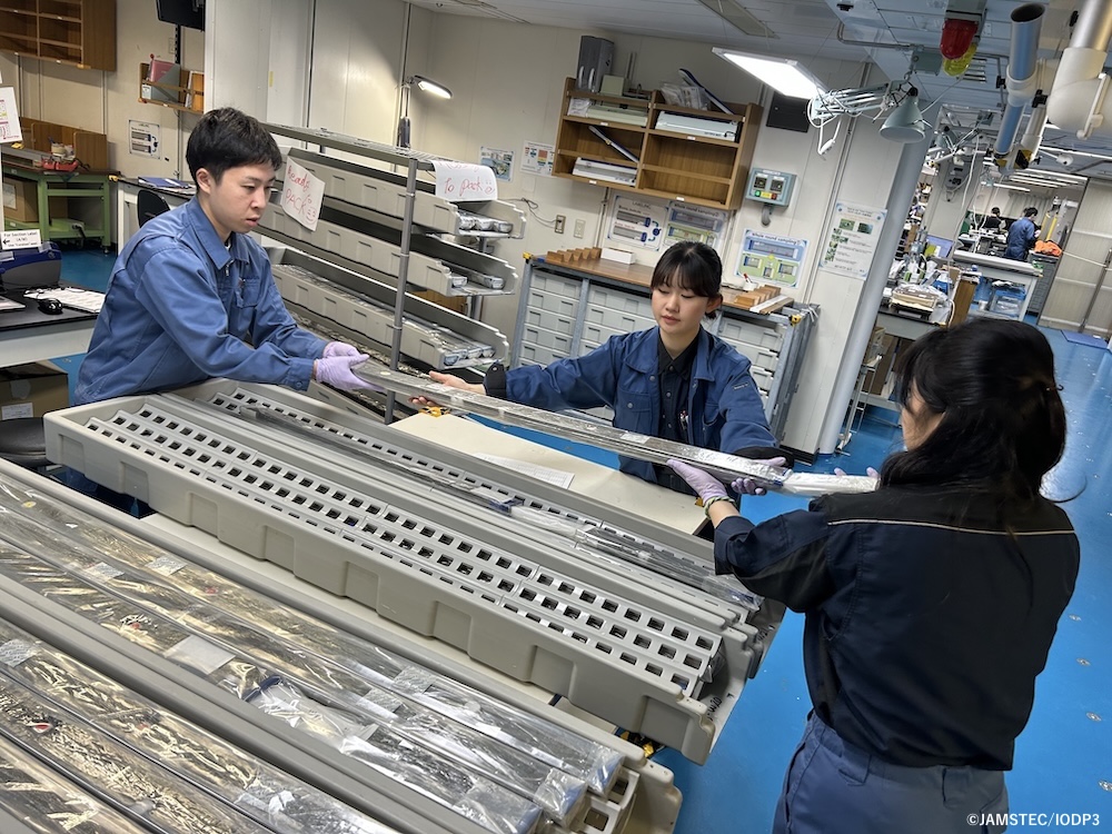 Chikyu_JAMSTEC's tweet photo. 10 Dec. Personal samplingが終わり、ラボテクニシャンらが試料の登録や仕分けの確認中を行いました。
写真はコア試料のパッキングの様子です(ラップピング、窒素パージ+脱酸素剤の封入、コア台に載せ、コアラックに収納)
#IODP3 #JAMSTEC #Exp503 #Chikyu https://t.co/lt7NYxo8U5