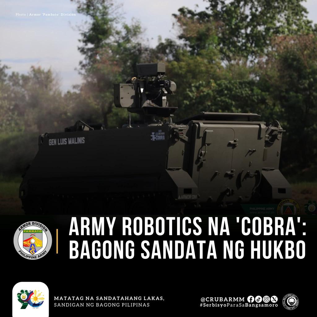 Army Robotics na 'COBRA': Bagong Sandata ng Hukbo

#PeaceForBangsamoro #AFPfortheBangsamoro #SundaloSalamatsaSerbisyo ✌️ 🇵🇭

Follow us on our social media accounts: 
Instagram: instagram.com/crgbarmm 
TikTok: tiktok.com/crgbarmm 
Facebook: facebook.com/crubarmm
