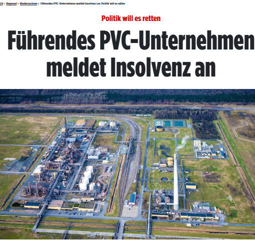 Die Vynova Wilhelmshaven GmbH ist pleite. Das führende europ PVC-Unternehmen hat Insolvenz angemeldet. Rund 360 Arbeitsplätze stehen auf der Kippe. Grund seien d hohen Energiekosten, eine geringe Binnennachfrage sowie die Konkurrenz durch billige Importe. bild.de/regional/niede…
