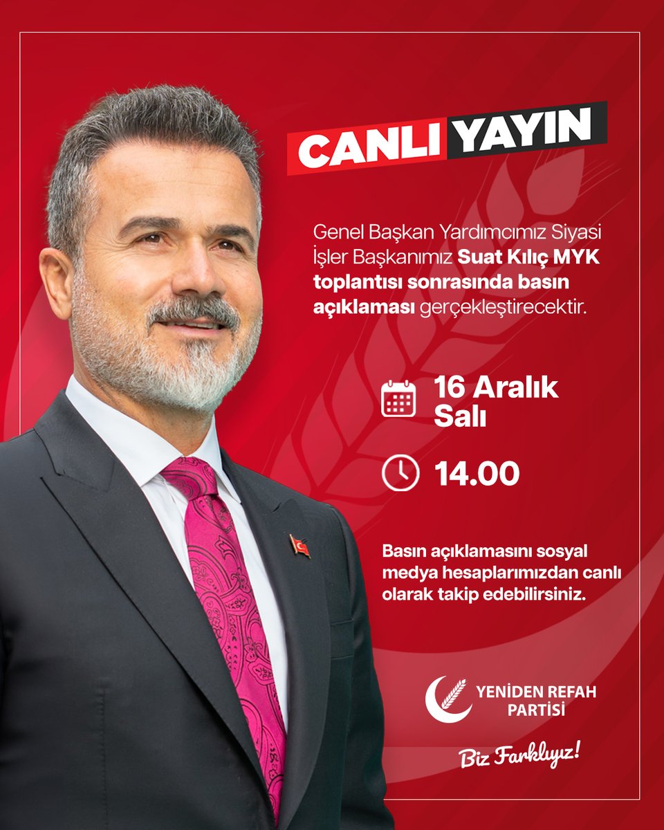 Genel Başkan Yardımcımız Siyasi İşler Başkanımız Suat Kılıç MYK toplantısı sonrasında basın açıklaması gerçekleştirecektir.

📅 16 Aralık Salı (Bugün)
🕐 14.00
📡 Basın toplantısını sosyal medya hesaplarımızdan canlı olarak takip edebilirsiniz.