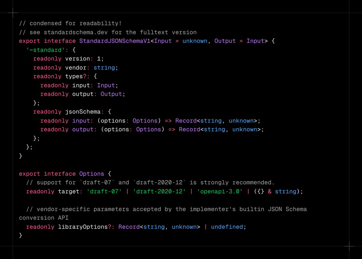 colinhacks's tweet image. The long-awaited Standard JSON Schema spec has been published!

🔥 "Standard Schema for JSON Schema conversion"
🔥 day-one support from Zod, ArkType, and Valibot
🔥 support coming soon to AI SDK, Tanstack AI, and the MCP SDK