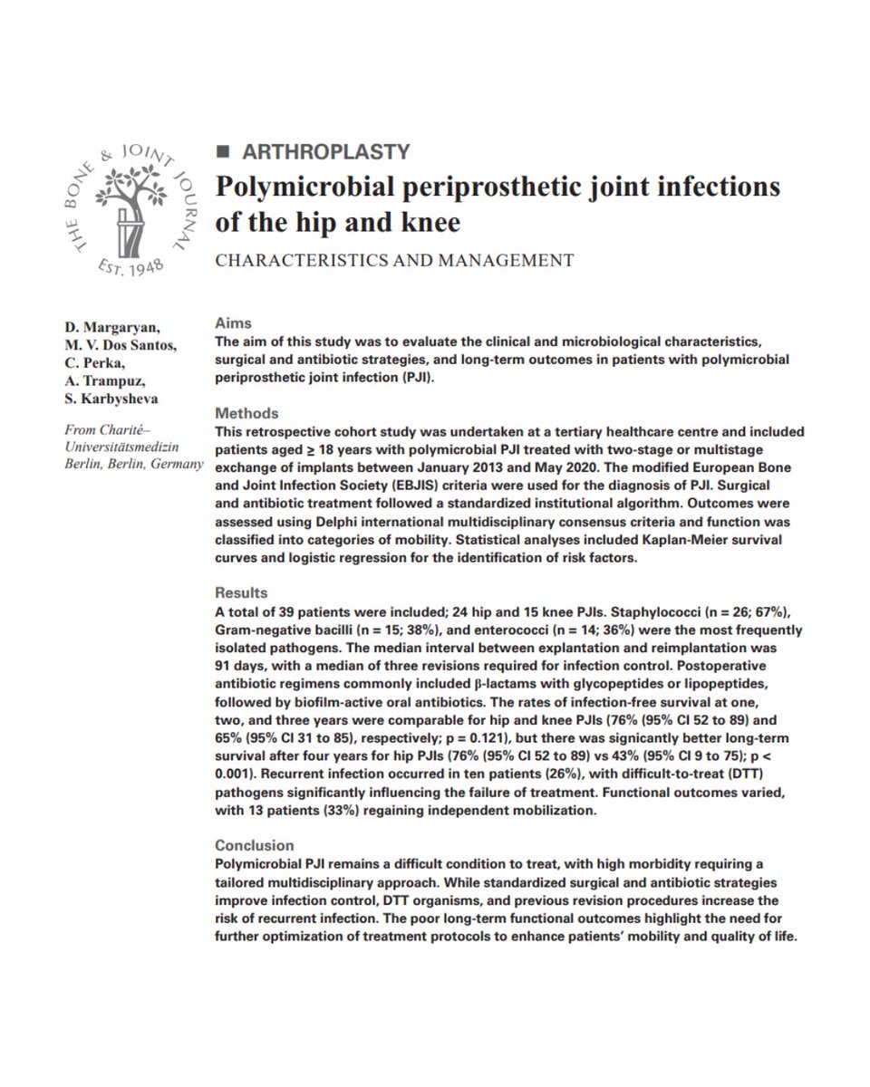 BoneJointJ's tweet image. Polymicrobial PJI remains a difficult condition to treat, with high morbidity requiring a tailored multidisciplinary approach. The poor long-term functional outcomes highlight the need for optimization of treatment protocols.

#Infection #Arthroplasty

ow.ly/VE8Y50XJGQn