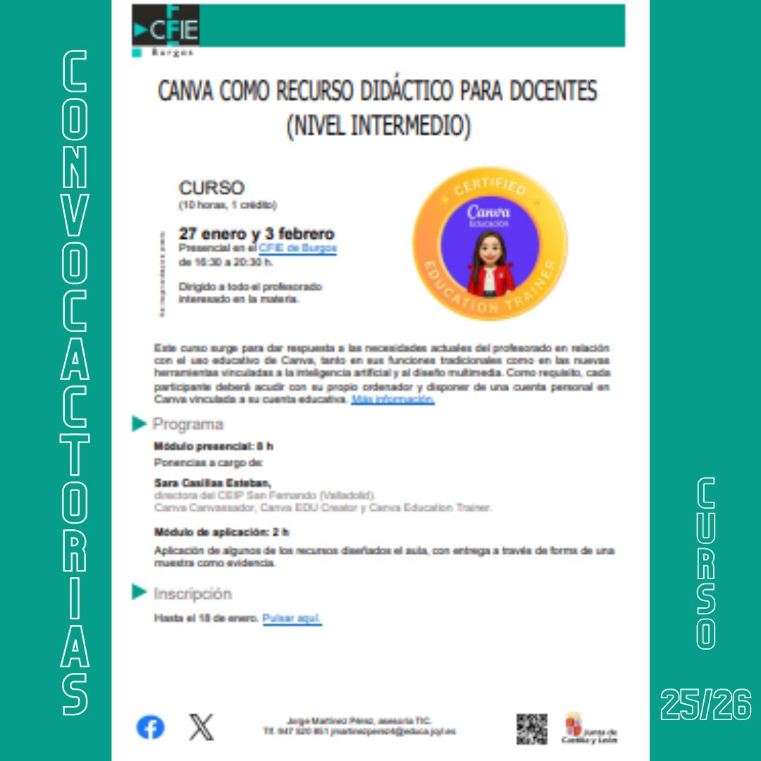 cfieburgos's tweet photo. 🎨🚀 Canva como recurso didáctico para docentes (Nivel intermedio)
¿Ya usas Canva y quieres llevar tus diseños educativos al siguiente nivel?
Aprende a crear materiales más dinámicos, visuales y profesionales para tu aula.
#CFIEBurgos #Canva #InnovaciónDocente #CanvaEdu https://t.co/rmvgBidUgZ