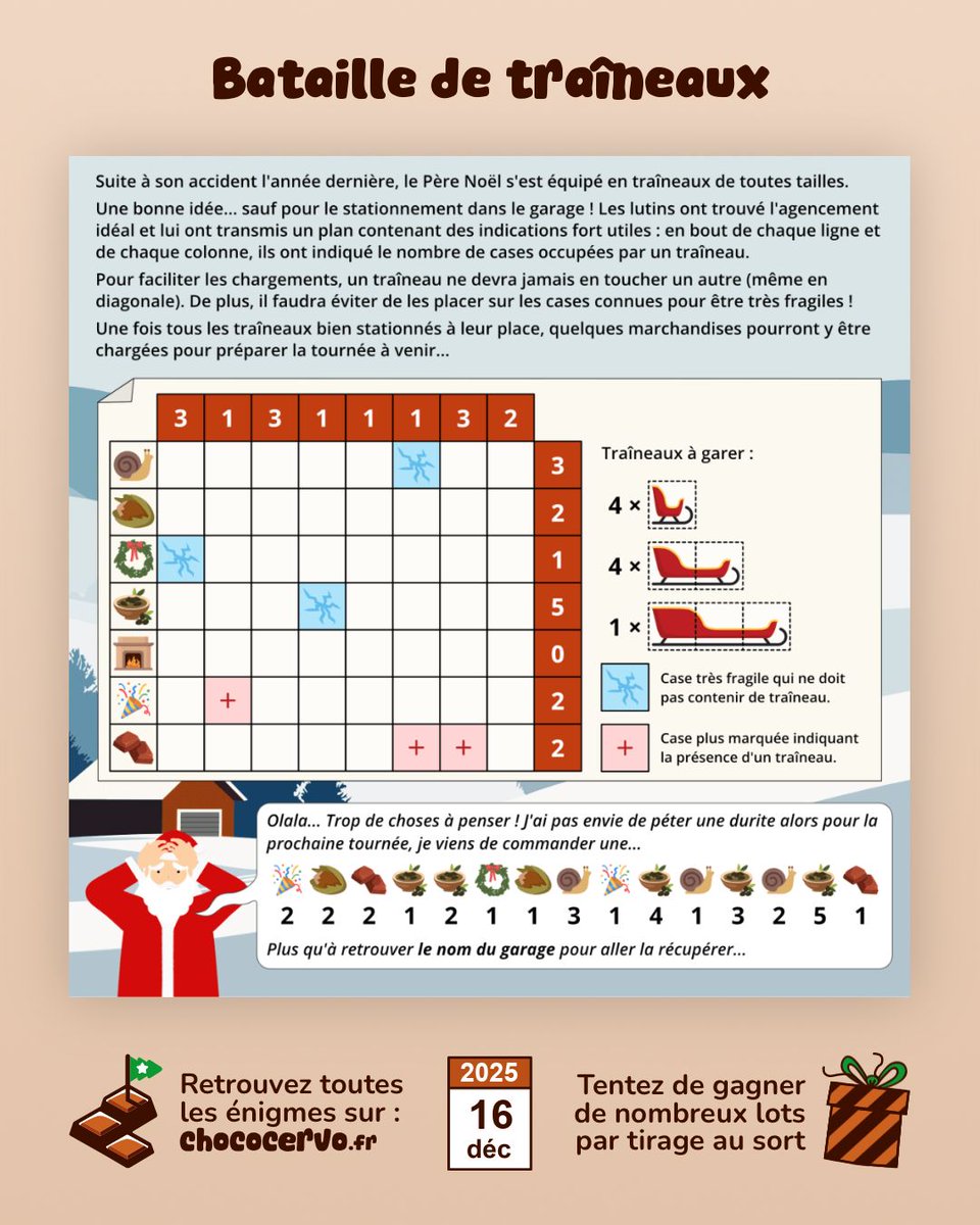 ChocoCervo's tweet photo. 🗓️ 16/12 : « Bataille de traîneaux » par Floom
Nouvelle énigme du calendrier ChocoCervo 🍫🧠
RDV sur https://t.co/7SEuC9xJ7a pour saisir votre réponse ou obtenir des indices à J+1, J+2 et J+3. ✅⏱️
De nombreux lots à gagner par tirage au sort. 🎁
Bonne résolution ! 💪 https://t.co/D6Hfpt3rUb