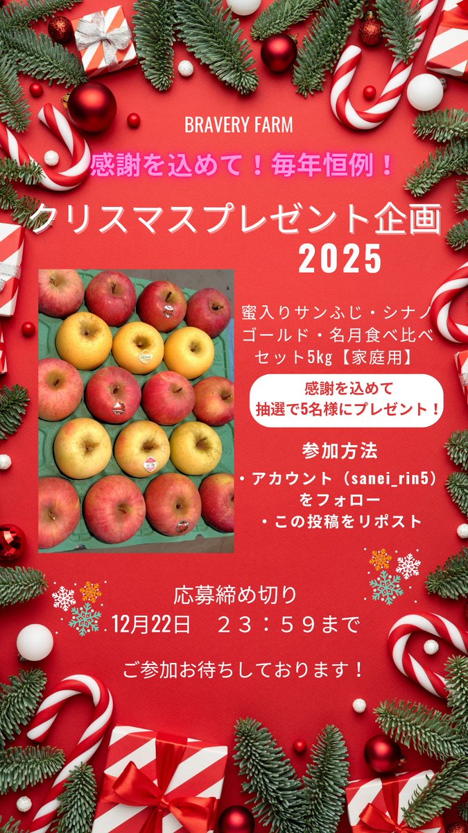 sanei_rin5's tweet photo. #クリスマスキャンペーン
🎅今年もやります🎄
感謝を込めて【蜜入りサンふじ・シナノゴールド・名月食べ比べ家庭用セット5kg 】を抽選で5名様にプレゼント🎁

🍎参加方法🍏
☑️@sanei_rin5をフォロー
☑️この投稿をリポスト

詳しくは画像をご覧下さいませ🤸
沢山のご参加お待ちしております🙆 https://t.co/a2MMReilci