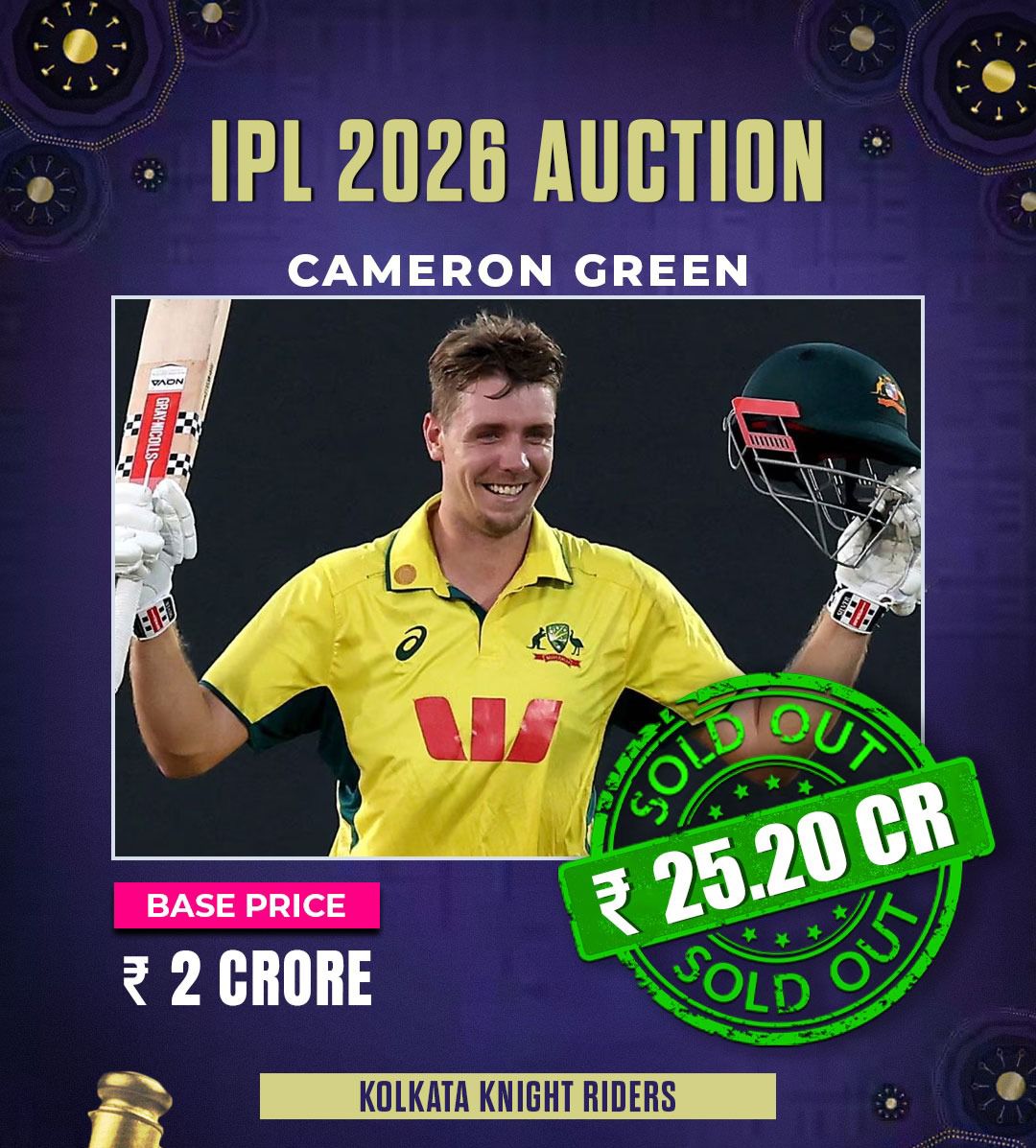 Ehtisham_lateef's tweet photo. CAMERON GREEN SOLD TO KKR FOR 25.20 CRORES 😍🔥#iplauction2026 https://t.co/QXqHmZkDai