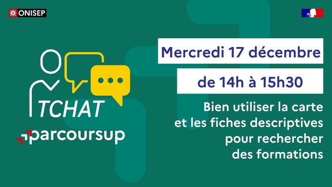 🗓️ Mercredi 17 décembre : à l'occasion de la sortie de la carte des formations 2026 sur Parcoursup l'Onisep organise un tchat pour répondre à toutes vos questions ! 

Rendez-vous de 14h à 15h30 👉 onisep.fr/nos-tchats/not…