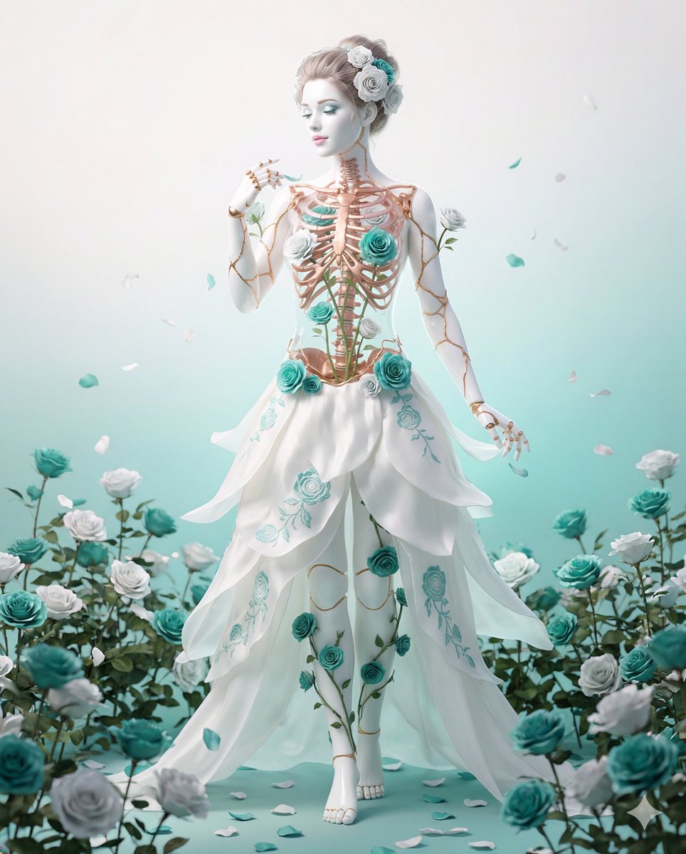 🤍 QT Your Teal and White Roses  🩵

TFTT: to my amazingly talented artist friend, <a href="/HPaulhal/">Pauly</a>  - I'm always happy to contribute to your beautiful QTs.

" Anatomy of Bloom "
She’s not fragile - she’s curated. Porcelain calm, gold-veined bones, teal roses growing where excuses used