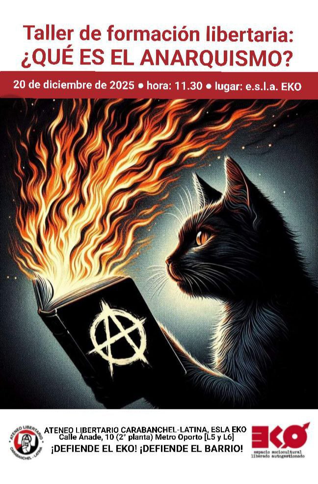 Taller de introducción al mundo libertario:

El sábado, 20 de dicembre a las 11:30h,  tomando como herramienta "Anarquía para jóvenes (y para quienes no lo son tanto)" de Carlos Taibo, analizaremos, de manera sencilla y didáctica, los puntos clave e ideas generales.