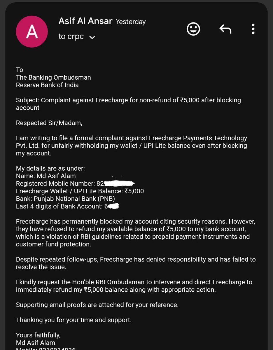 aa___shif03's tweet photo. @FreechargeIN @AxisBank @RBI @PunjabNationalBank My Freecharge wallet with ₹5000 has been blocked and I am unable to login. Despite multiple refund requests, I have not received any response for a long time. Please help resolve this issue urgently. #Freecharge #AxisBank #RBI https://t.co/2lxeaRmNiR