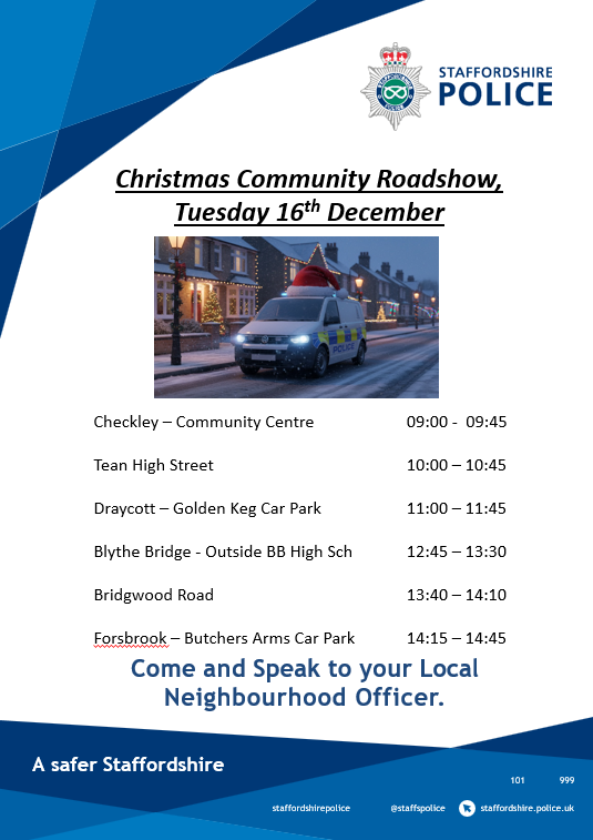 MoorlandsPolice's tweet photo. 🎅THE CHRISTMAS ROAD SHOW IS IN TOWN🎵
🚓The mobile police station will be around the Moorlands TODAY & TOMORROW. Please come and chat with your local officers👮
⬇️PCSO Goodwin & PCSO Dudley will be at the following locations⬇️
#VisibleLocalTrusted #Moorlands https://t.co/iesAoJAnev