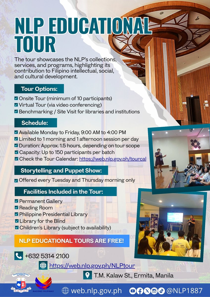 📚✨ Explore the #NationalLibraryPH!

Join our Educational Tour and discover NLP’s collections, programs, and spaces.

🕘 Mon–Fri, 9AM–4PM
🎭 Storytelling &amp; Puppet Show: Tue &amp; Thu mornings
🎟️ Book now: web.nlp.gov.ph/NLPtour