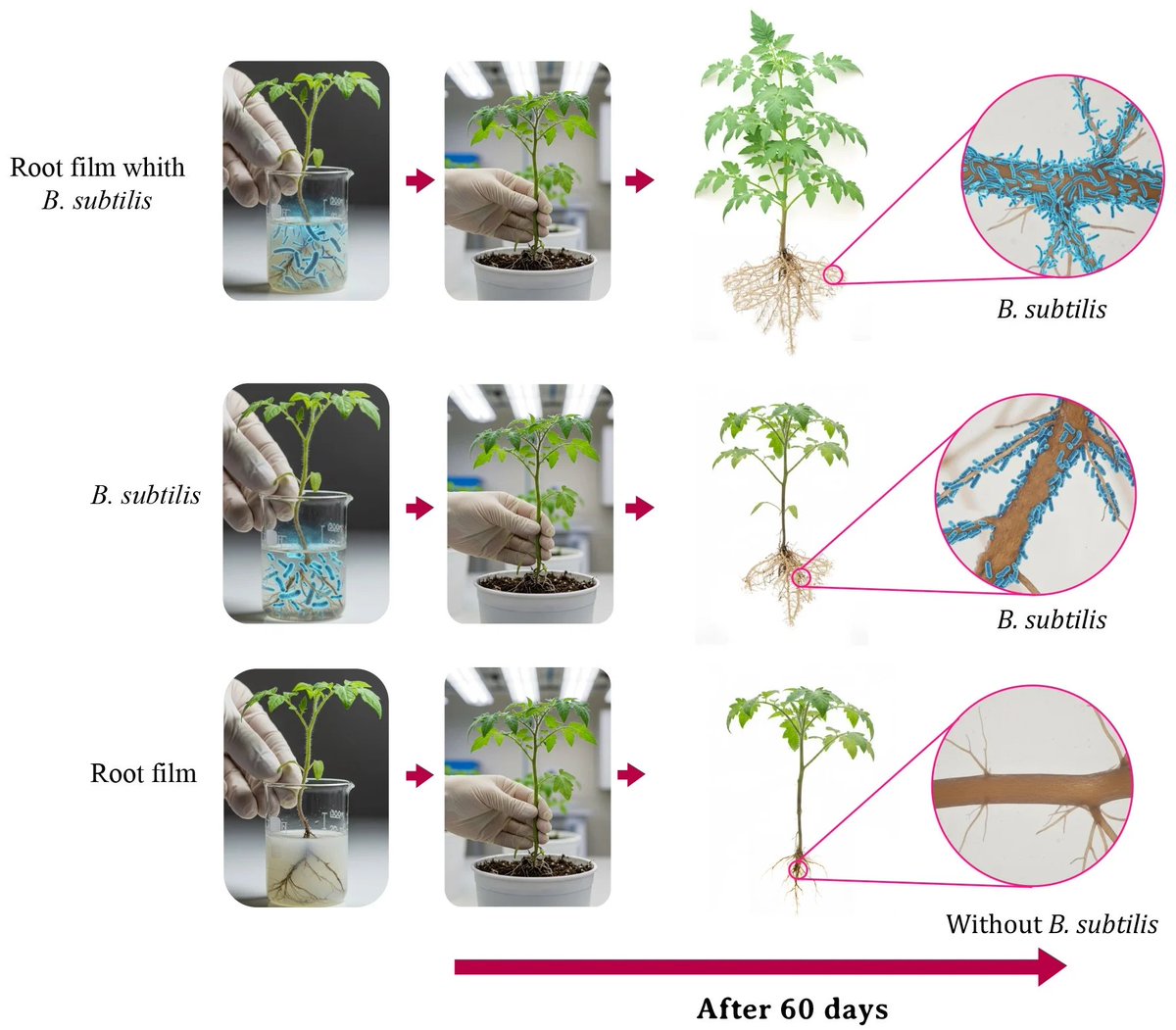Plants_MDPI's tweet image. 🍅 How can beneficial bacteria establish better on tomato roots?

Biodegradable root films carrying Bacillus subtilis improved root colonization, biomass, and bacterial stability while degrading quickly in soil.

🔗 Read more: brnw.ch/21wYodp

#Bioinoculants #PGPR #Tomato