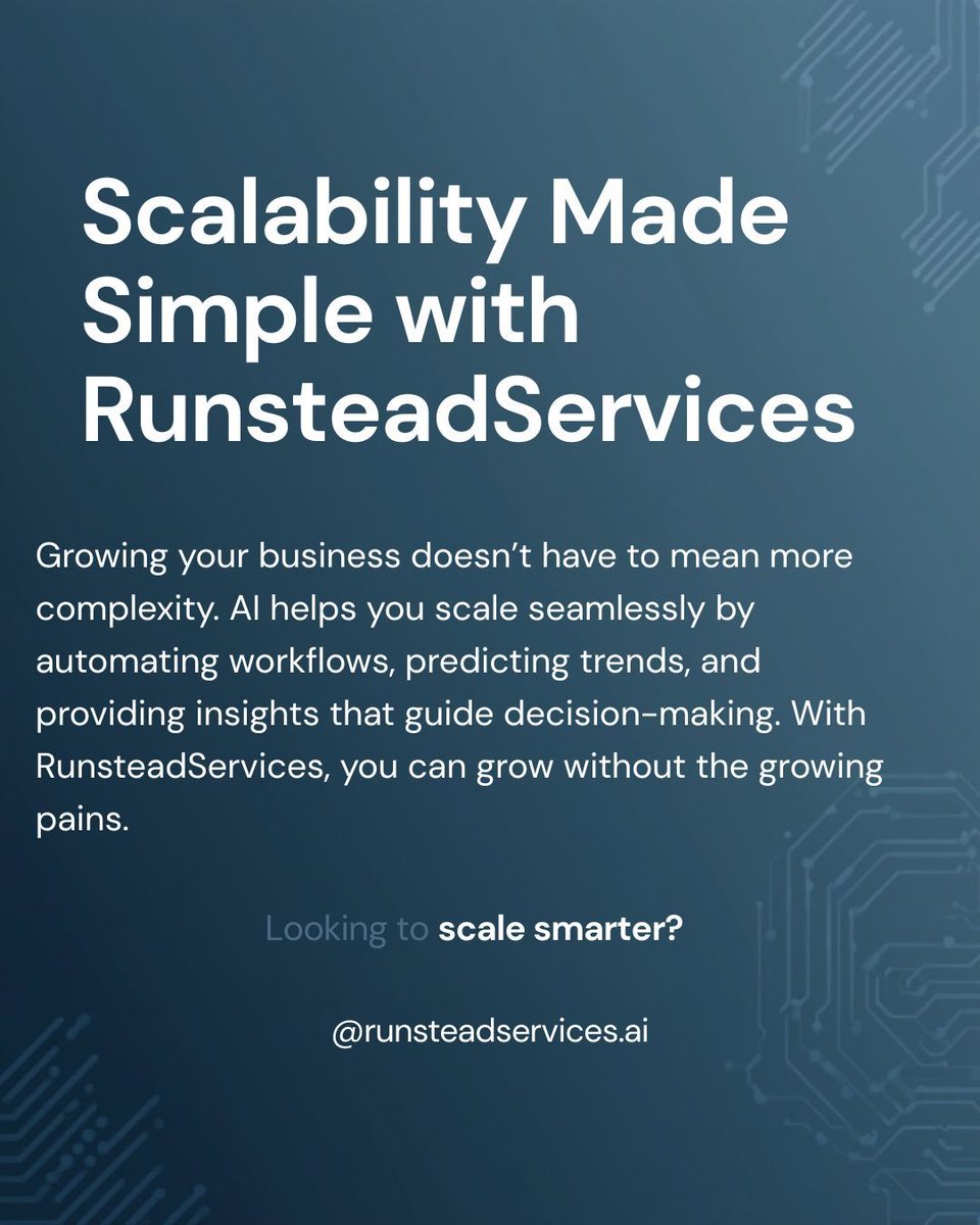 runsteadai's tweet image. With RunsteadServices, AI makes it easy to scale by automating tasks, predicting trends, and offering data-driven insights that support smarter decision-making. Grow without the stress.
#RunsteadServices #BusinessGrowth #Scalability #AIForBusiness #SeamlessScaling
