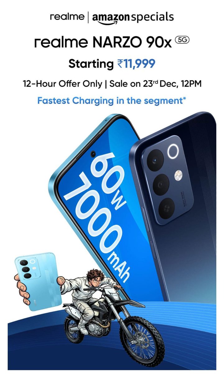 A_SharmaTech's tweet photo. realme Narzo 90X launched in India 🇮🇳
6.75" 144Hz display
Dimensity 6300
50MP Sony 85D2 main + 8MP selfie
Massive 7000mAh battery with 60W fast charging
IP65 + IP69 rating
A solid pick for battery-focused users. 🔋

#realmeNarzo90X #TechFamily https://t.co/VMgyOB14xP