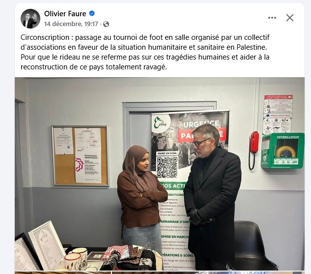 PernelRichardot's tweet photo. Cher @faureolivier que tu veuilles soutenir des associations, pas de pb…mais peux tu éviter de poser devant une belle affiche de #UrgencePalestine (collectif créé au lendemain des massacres du 7 octobre) dont je me permets de te rappeler les positions de son porte parole #OmarAlsoumi (tenus lors d’une manifestation le 3 novembre 2024 parlant du « déluge d’Al-Aqsa », à savoir les massacres de juifs le 7 octobre) et qui sera jugé en mai prochain pour apologie du terrorisme ….Merci.