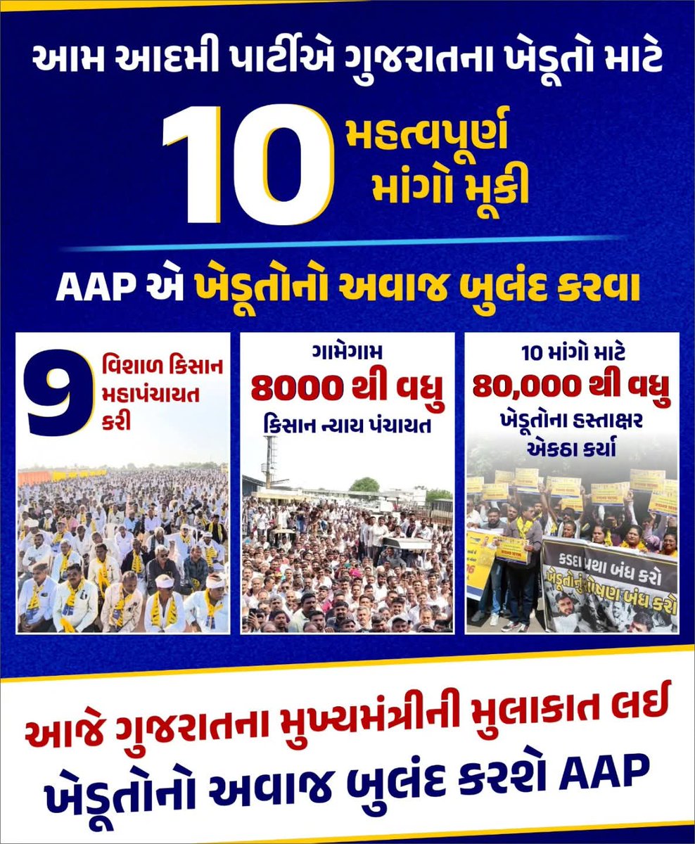 marumujahid2's tweet photo. ➡️ આમ આદમી પાર્ટીએ ગુજરાતના ખેડૂતો માટે 10 મહત્વપૂર્ણ માંગ કરી હતી.

- ખેડૂતોનો અવાજ બુલંદ કરવા

♦️9 વિશાળ કિસાન મહાપંચાયત કરી

♦️ગામેગામ 8000 થી વધુ કિસાન ન્યાય પંચાયત કરી

♦️ખેડૂતોની 10 માંગો માટે 80000 થી વધુ ખેડૂતોના હસ્તાક્ષર એકઠા કર્યા

#AapGujaratWithFarmers https://t.co/R7Bt01Jqof