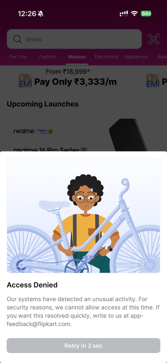 Harsh_VReddy's tweet photo. @Flipkart Why am i getting this error while im using ur mobile app. Ur custmr care team is one bullshit team not helping me. Its been 3 days im getting this error

I HAVE UNINSTALLED AND RE INSTALLED IT multiple times.

MY APP IS UP TO DATE. What is the use of being gold member? https://t.co/0faILTHStO