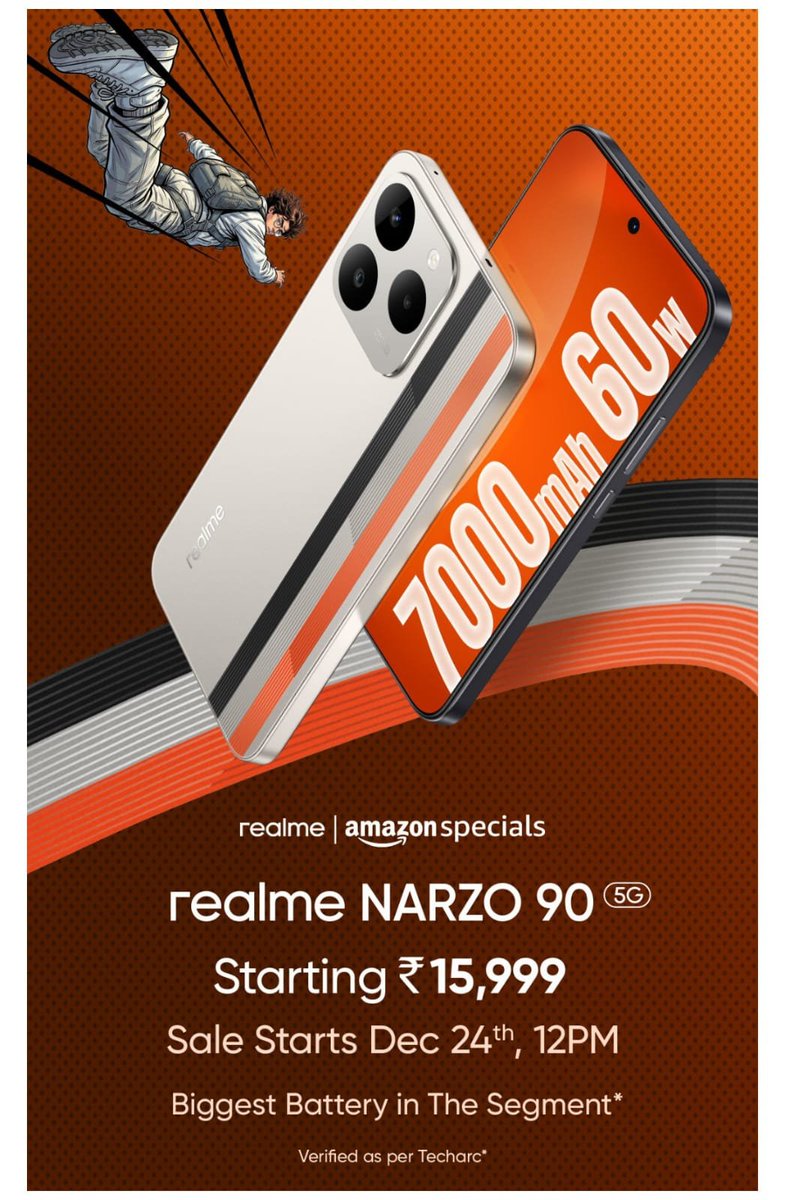 A_SharmaTech's tweet photo. realme Narzo 90 launched in India 🇮🇳

6.57" 2.5D 144Hz OLED
Dimensity 6400
50MP rear + 50MP front
7000mAh battery with 60W charging
Dual speakers + vapor chamber cooling
IP65 + IP69 rating
Feature-packed midrange option. 🔥

#Narzo90 #realmeNarzo90 #TechFamily https://t.co/e8JDdszNo2