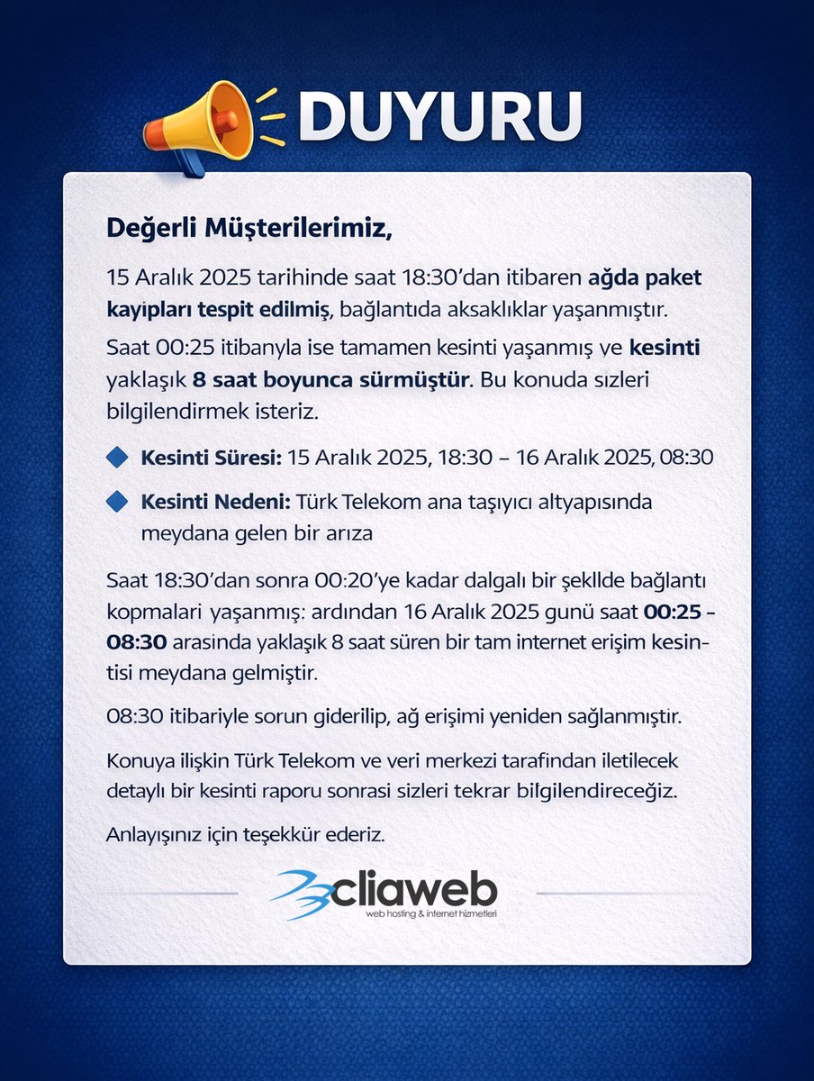 Dün ve bugün Mars Datacenter <-> türk telekom arasında yaşanan ve biz dahil çoğu sağlayıcıyı etkileyen kesinti hakkında açıklamadır.