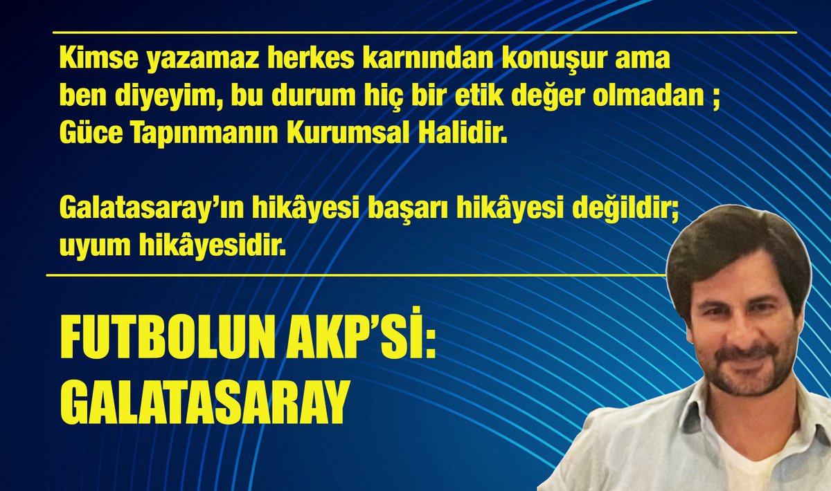 FenerSol1907's tweet photo. FUTBOLUN AKP’Sİ: GALATASARAY

🖋️ Türkiye’de futbolu siyasetle birlikte okuyan sayılı isimlerden biri olan Tanıl Bora, 2011 yılında yayımlanan 'Türkiye’de Futbol ve Siyaset' kitabında çok basit ama çok rahatsız edici bir ayrım yapar:

🖋️ Türkiye’de futbol kulüplerini “makbul” ve “makbul olmayan” diye ayırır.
Bu tespit, bir teori değil; son on beş yılın pratik özetidir.

🖋️ Maalesef  Türkiye’de iktidar kendisini yalnızca bir siyasi parti olarak görmüyor.
Kendisini devletin yerine koymuş durum da.
Uyumlu olanı ödüllendiriyor, sorun çıkaranı eziyor.

🖋️ Bu refleks muhalefette  dahil iş dünyası, medya, yargı ve futbol gibi iktidarın kontrol etmeye çalıştığı tüm alanlarda aynı.

🖋️ Ve bu tabloda en sorunsuz, en uyumlu, en makbul kulüp kimdir sorusunun cevabı artık gizli değildir.
Galatasaray.

Peki neden hep Galatasaray makbul?

🖋️ Bu soru masum bir futbol sorusu değildir.
🖋️ Bu, bir iktidar sosyolojisi sorusudur.

🖋️ Neden dün cemaat döneminde, bugün AKP döneminde,  hep aynı kulüp sistemin merkezinde duruyor? Neden Yargı, medya, iş dünyası ve bürokrasi içindeki ağları 40 yıldır hiç kesintiye uğramıyor?

Kimse yazamaz herkes karnından konuşur ama ben diyeyim, bu durum hiç bir etik değer olmadan ;
Güce Tapınmanın Kurumsal Halidir.

GALATASARAY’IN HİKÂYESİ BAŞARI HİKÂYESİ DEĞİLDİR; UYUM HİKÂYESİDİR.

‼️1990’lar da derin devletin gölgesinde buna sebep olanlar ile beraberdi,
‼️ 28 Şubat’ta vesayetçiler güçlüydü, Galatasaray yanındaydı.
‼️ Cemaat devleti kuşatırken Galatasaray beraber yürüdü, gizlemedi ve son olarak 
‼️ AKP devleti “ben devletim” diye tarif etmeye başladığında, Galatasaray yine hizadaydı.

🖋️ Galatasaray kulüp başkanı Dursun Özbek’in hükümetin şu an yürüttüğü sürece destek açıklaması bile bu  sebeptendir.
🖋️ Yarın iktidarın bu konu da tavrı değişsin aynı hızda değişimi Galatasaray da daha belirgin görürsünüz.

Kulüp yönetiminden lisesine ve üniversitesine;
Güçlüye karşı itiraz eden olmaz
Bedel ödeyen olmaz
Risk alan olmaz

Çünkü Galatasaray’ın refleksi hiçbir zaman hakikate, etik değerlere, doğruluğa değil, güce olmuştur.

Cemaatten AKP’ye değişmeyen elit bir konfora sahiptir.

Bugün bazıları 
“Her kulüp iktidarla temas ediyor”
diyebilir

Hayır.
Mesele temas değil, ayrıcalık.

🖋️ Cemaat döneminde “abi”lerle poz veren, bugün “reis”le fotoğraf veren aynı zihniyet.

🖋️ Eski maklube severlerin önemli bir kısmı bugün “biz Galatasaraylıyız” diyor.
Çünkü Galatasaray bir takım değil, güvenli kimliktir.

🖋️ Yargıda, bürokraside, sermayede, medyada…
Renk ve refleks değişmez:
İktidara  yanaş, sorgulama, konforunu koru.

Örneğin yargı ve medya da;
Galatasaray’la ilgili dosyaların hali malüm!
Soruşturmaların yıllarca bitmesini beklersiniz, bazen de jet hızıyla kapanmasına şaşırırsınız!

Medya dili yumuşaktır, isimler gizlenir
Herhangi bir soruşturmaya ait  ifadeler, resimler basına servis edilmez.

🖋️ Peki aynı yargı ve medya konu  Fenerbahçe ise aynı tavrımı takınır?
Hayır.

Örneğin geçen hafta yaşananlar. 

🖋️ Konu burada Mert Hakan suçludur ya da değildir tartışması değil, yöntemdir.

🖋️ Yaklaşık 150 hakem ve onlarca futbolcu hakkında soruşturma yürütülürken, yalnızca onun MASAK raporları, ifadesi ve cep telefonu görüntüleri medyaya servis edildi.

Çünkü mesele Galatasaray sorun çıkarmaz,
Sorun çıkarmayan ödüllendirilir meselesidir.

İhale mi? Kolaylık.
Arazi mi? Çözüm.
Soruşturma mı? Takipsizlik.
Para mı? Devlet desteği

Bu bir komplo değil; iktidar mantığıdır.
AKP, kendisini devlet yerine koymuştur.
Devlet gibi davranır:
Kendisine itiraz etmeyeni korur, edenle hesaplaşır.

Galatasaray kendisini “elit”, “aydın”, “Avrupai” diye pazarlamayı sever.
Ama bu elitlik hiçbir zaman ahlaki olmadı.
Hiçbir toplumsal infialde ön safta durmadı.
Hiçbir büyük adaletsizlikte risk almadı.
Çünkü bu bir Elitlik Masalı değil,İkiyüzlülük Gerçeğidir .

Dursun Özbek ‘in daha iki gün önce federasyon başkanının “aramız da konuşulanları açıklarım" demesine basın önün de “sakın ha” demesi bile bunun kanıtıdır.

🖋️ Hukukun yerle bir edildiği memlekette 
Galatasaray’ın derdi adalet değil, hep kendi istikrarıdır.
Yani güçlü olanın istikrarı.

Cumhurbaşkanı Hastaneye Gider mi?

Soruyu sadeleştirelim:
Koskoca Cumhurbaşkanı, herhangi bir kulüp başkanını hastanede ziyaret edip görüntü verir mi?

Hayır.
Bu ziyaret, bir nezaket değil; bir mesajdır!

Sonuç olarak şunu net diyebiliriz:
Bugün Türkiye’de futbolun AKP’si Galatasaray’dır.
Nasıl AKP devletle özdeşleştiyse, Galatasaray da futbol da onun karşılığıdır.

Sorun şu kulübün şampiyon olması değil.
Sorun şu kulübün dokunulmaz olmasıdır.

Ve şunu artık açık açık söylemek gerekir:

🖋️ Artık mesele devletin devamı değil Akp nin devamı meselesidir. Kimse unutmasın devlet başka iktidar başkadır.
Sonuç olarak defalarca söyledik tekrar söyleyelim;
Bu iktidar seçimle değişmeden
ne futbola , ne memlekete adalet gelmeyecektir.

Sevgiler
Serdar
@poyrazbaran1907