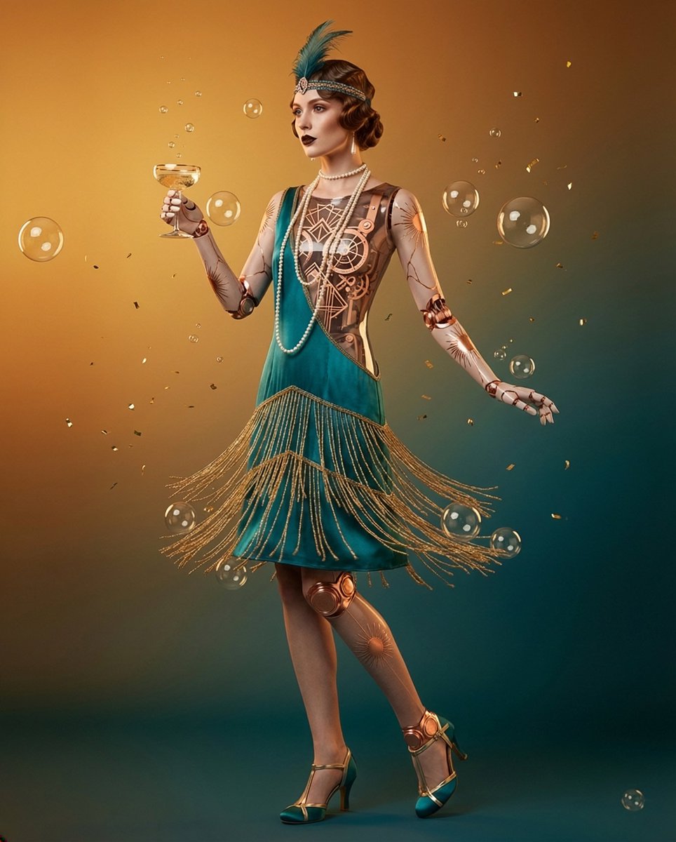 ICONIC CINEMA in Mechanical Couture 🎬
" The Great Gatsby: Jazz Age Jewel "

Champagne bubbles and broken dreams in rose-gold. She dances through Gatsby's parties with a clockwork heart, all glitter and mechanisms beneath the fringe. The twenties never looked so beautifully