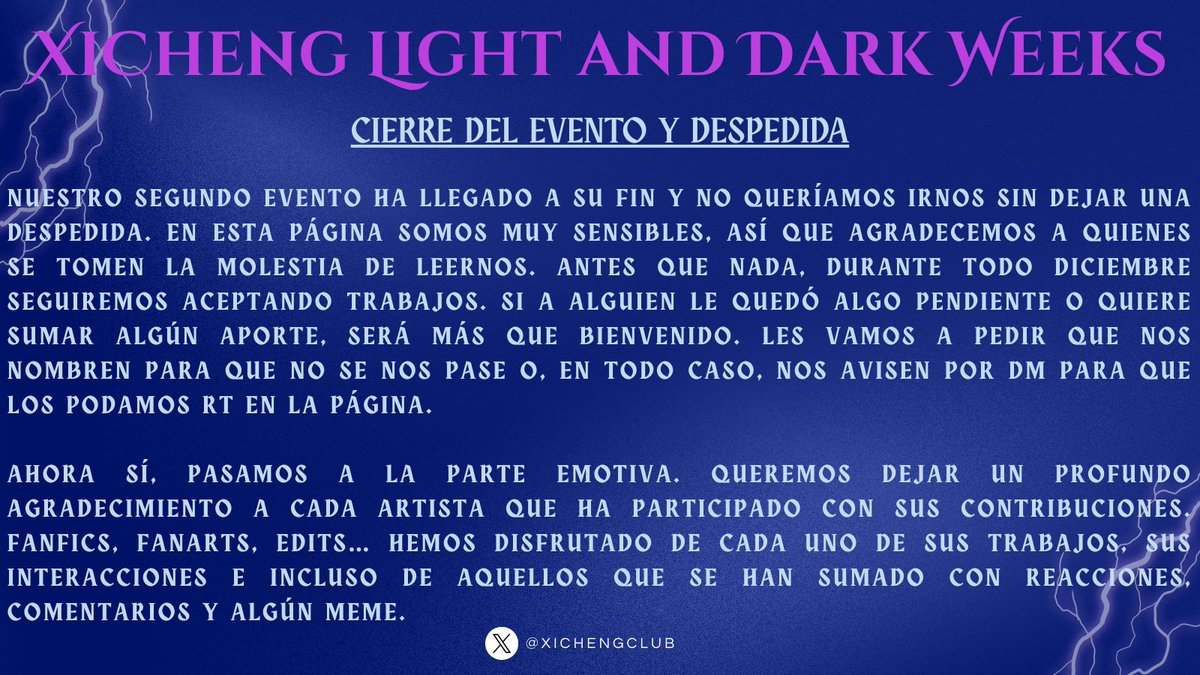 XiChengClub's tweet photo. ✨💙💜✨
Ha llegado el momento de despedirse. 🥹 Dejamos el link, nuevamente, por si alguien quiere agregar algo pendiente.
-Link: https://t.co/yduzGWKsKh

#xicheng #xichenglightanddarkweeks https://t.co/Ud1qnO1HBb