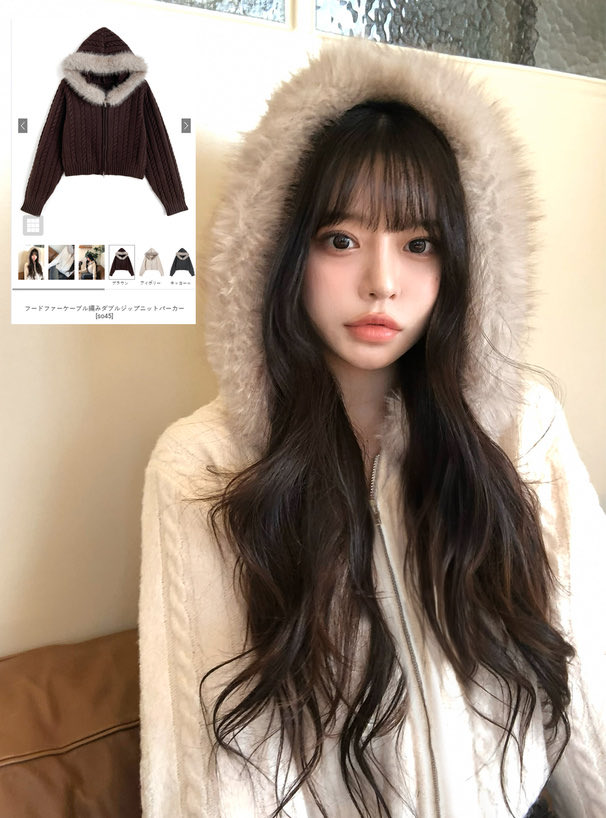 一押しアイテム by GRL☘️】 ファーフードケーブル編みダブルジップ