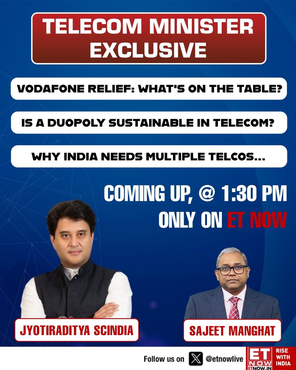 ETNOWlive's tweet photo. Telecom Minister Scindia discusses Vodafone relief, telco tariffs, the future of 5G to 6G, and why India needs multiple players in telecom
📺 ET NOW Exclusive | 1:30 PM
@JM_Scindia @sajeetkm @DoT_India #telecomministry https://t.co/gD4VbGpk51