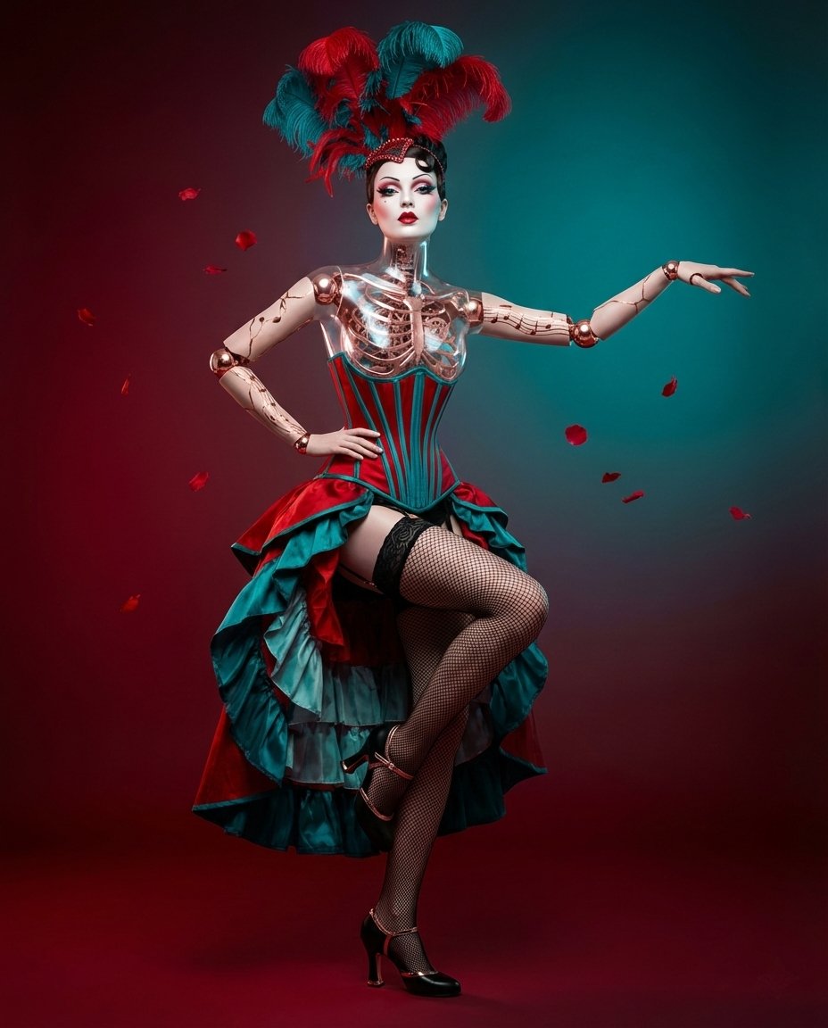 ICONIC CINEMA in Mechanical Couture 🎬
" Moulin Rouge: The Sparkling Diamond "

She is the Sparkling Diamond - corset laced with rose-gold bones, can-can skirt hiding mechanical secrets. On stage, she's spectacular. Backstage, she's machinery. But oh, how beautifully she performs