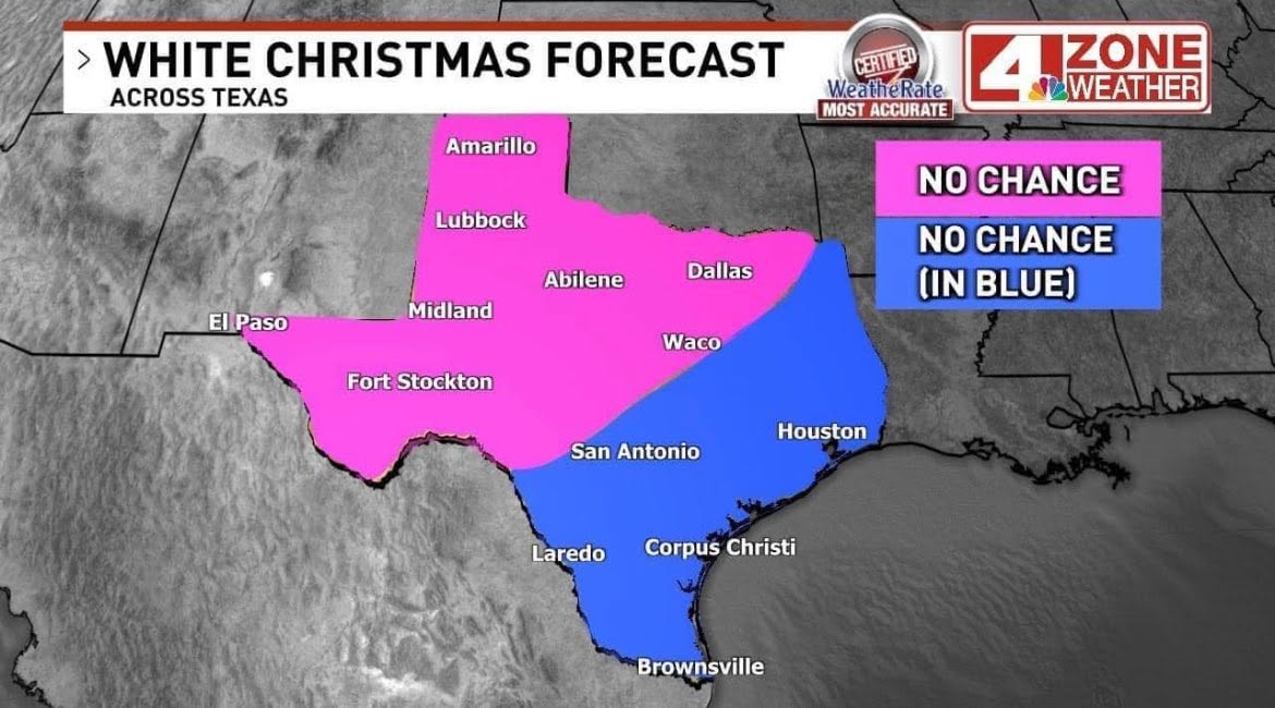 News4SA's tweet photo. Here’s the chance of a white Christmas in Texas...
FULL FORECAST: https://t.co/Xrkh6AW1AA https://t.co/TpOws1UOL4