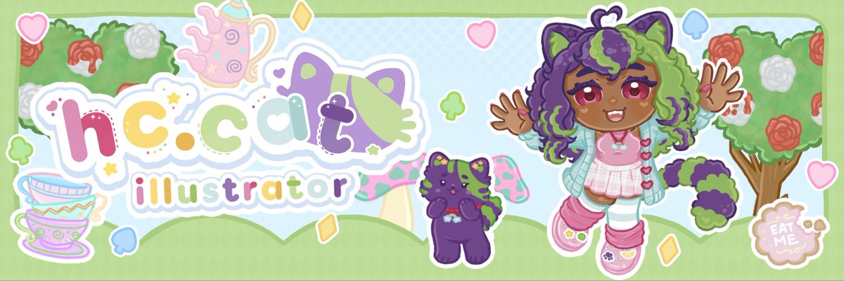 hccat_'s tweet photo. I tried making a banner for my socials and to experiment with some wonderland vibes 🥸💜💚 #bannerillustration #oc #persona #wonderland https://t.co/HEdJU2l2Wj