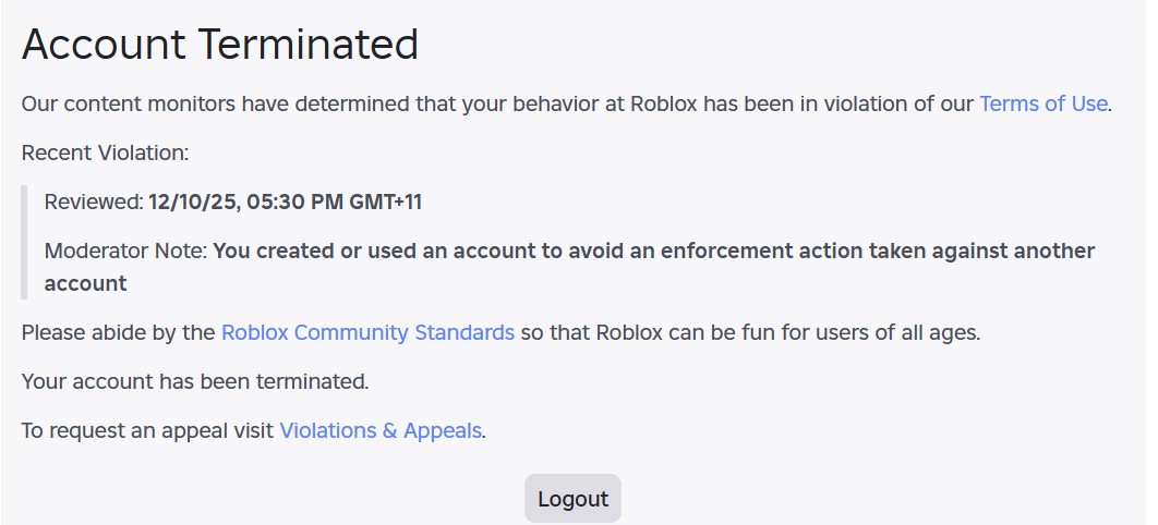 mick15346's tweet photo. @Inkthirsty @Roblox I’m having the same issue. I’ve had my account for well over half a decade, with Headless, Korblox, and rare, unobtainable items. It was terminated for the same reason, yet Roblox Support hasn’t been helpful at all. I only have 30 days to appeal before the account is gone forever https://t.co/yQjXxkZokQ