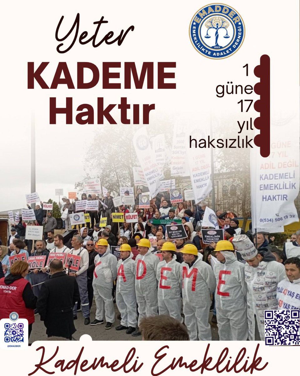 Kademeli emeklilik, primini tamamlamış milyonlarca çalışanın gasp edilmiş hakkının iadesidir.

<a href="/EmadDernegi/">EMEKLİLİKTE ADALET DERNEĞİ ⚖️</a>
#YeterKademeHaktır