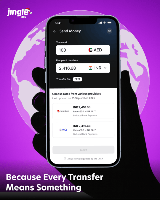 Zero #fees. Real #rates.
Because every #Transfer  means something. 💜
#JinglePay #SendMoneyHome #GlobalRemittance #UAE