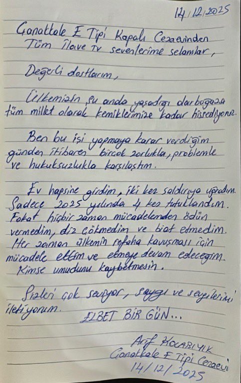 Günaydınlar dostlar!

Son 4 ayda tam 4 kez tutuklanan Arif Kocabıyık, cezaevinden mektup gönderdi. Sesini duyurmalıyız:

“Ev hapsine girdim, 2 kez saldırıya uğradım, sadece 2025 yılında 4 kez tutuklandım. Fakat hiçbir zaman mücadelemden ödün vermedim, diz çökmedim ve biat