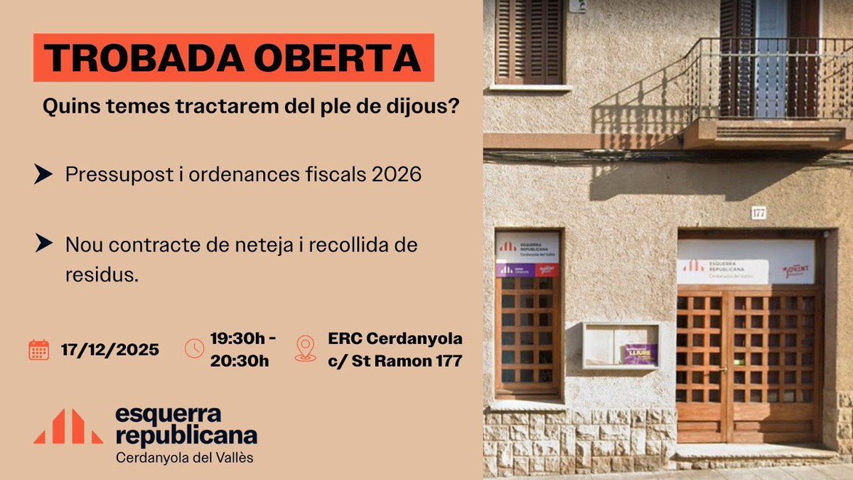 Arriba el ple avançat de desembre amb dos temes clau a debat:
- els pressupostos pel 2026 
- la licitació del nou contracte de neteja i recollida de residus
Vine dimecres a la trobada oberta i parlem de com afecten a la teva butxaca.
#Cerdanyola