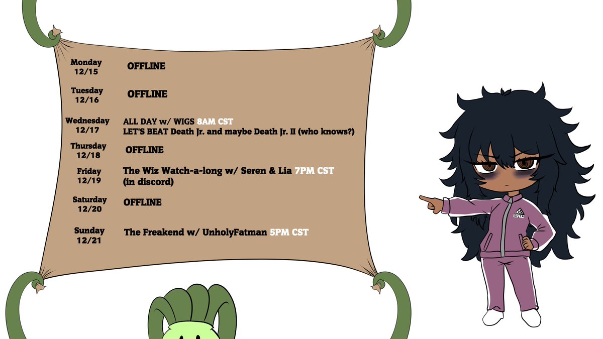 Another Week with only two days of streams. 
Next Week will probably be about the same!
We'll be watching The Wiz w/ <a href="/SerenCelesteVT/">Seren 🌟🦉</a> and <a href="/sunspout/">Lia 🐺🍀➡️🦋</a> 
And we'll be ending the Freak w/ <a href="/Unholyfatman/">Master Chief</a>