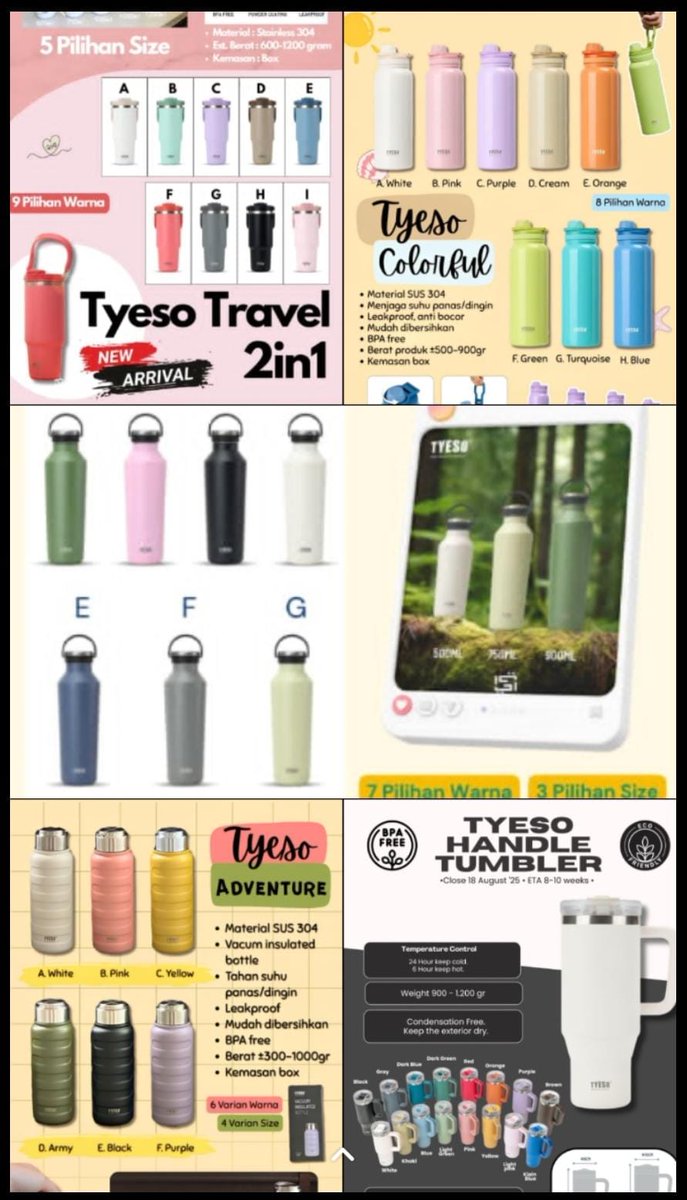 runnerfighting's tweet image. WTS TUMBLER TYESO ALL SERIES

Tyeso Travel 2in1
750ml: 142k
900ml: 153k

Tyeso Colorful
600ml: 105k
750ml: 120k
1050ml: 135k
1200ml: 147k

Tyeso Tumbler
750ml: 130k
900ml: 150k

Tyseo Adventure
360ml: 103k
750ml: 130k

Tyeso Handle
900ml: 163k
1200ml: 183k