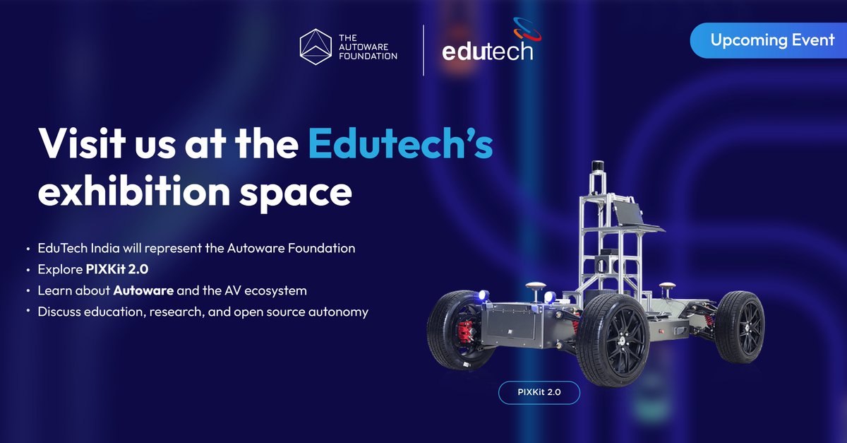 AutowareFdn's tweet photo. Find us at Techfest IIT Bombay! 🇮🇳🧑‍💻

At this year’s Techfest, the Autoware Foundation is making its first appearance, and our community will be represented by our member, EduTech India.

Read the full announcement 👉 https://t.co/eXlh1I5oPR https://t.co/XjUtgwUOcs