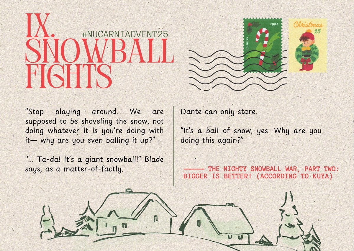 faescradle's tweet image. ❄️ #NuCarniAdvent25 ・・・ 
✶  day 9: snowball fight  ✶

'dante is, once more, an unfortunate victim to the snow — and, by that same idea, snow ball fights.'

▹ dante/eiden (#enei) + platonic relationships
▹5.2k words

🔗 archiveofourown.org/works/74539771