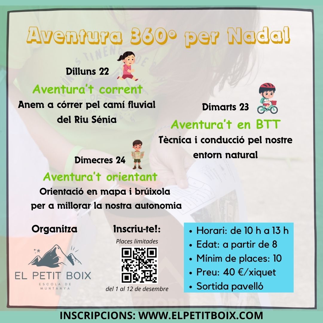 🌍🧭 AVENTURA 360° – NADAL ACTIU

Trail 🏃‍♀️ · BTT 🚴‍♂️ · Orientació 🗺️
22, 23 i 24 de desembre · La Sénia

💥 NOVETAT
👉 Possibilitat de fer dies solts
💰 15 € / dia

Ideal per a xiquets i xiquetes actius!

⏰ Inscripcions obertes fins al 19 de desembre

📩 Més info 615 30 64 47!