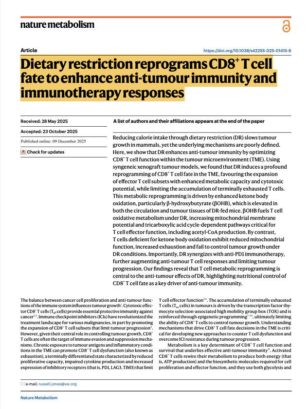 Un estudio experimental indica que la restricción calórica (y con ello la reducción calórica) mejoraría la respuesta inmunitaria al cáncer y el éxito de la inmunoterapia. nature.com/articles/s4225…